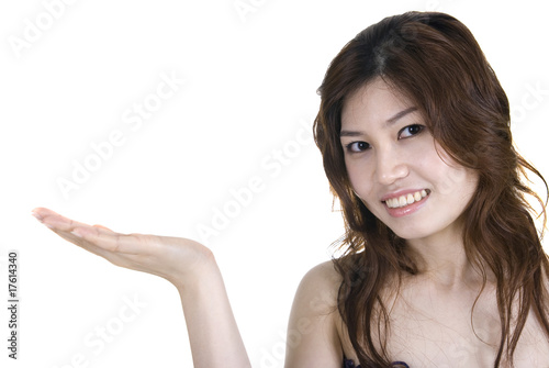 Asian girl with hand facing up