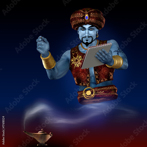 Genie from lamp with writing-pad. 3D render. Illustration.