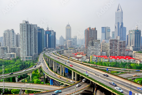 China Shanghai yan an road and city skyline