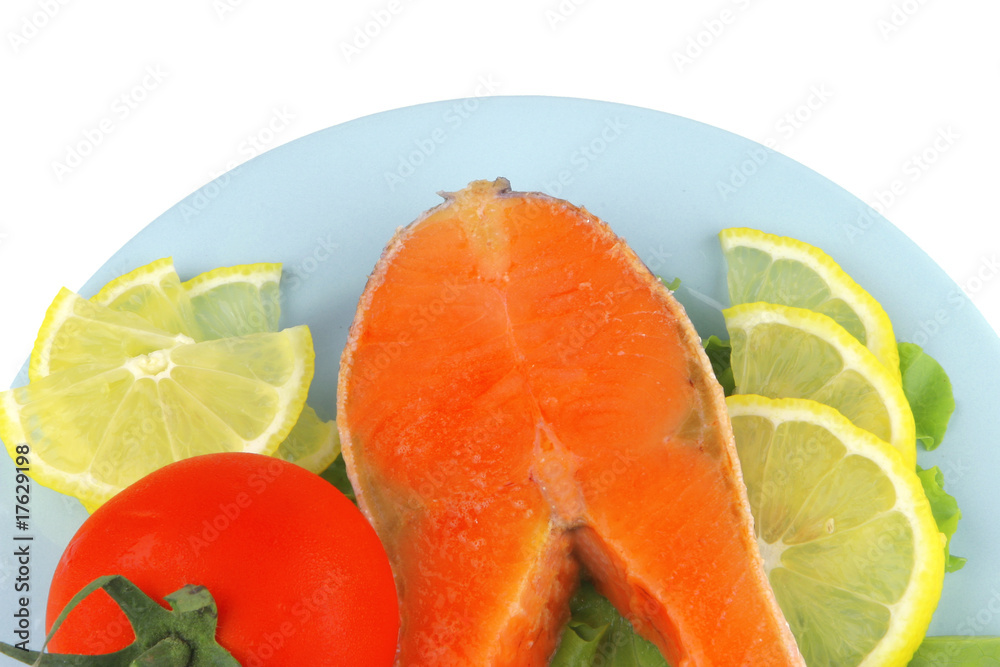 salmon steak on blue dish