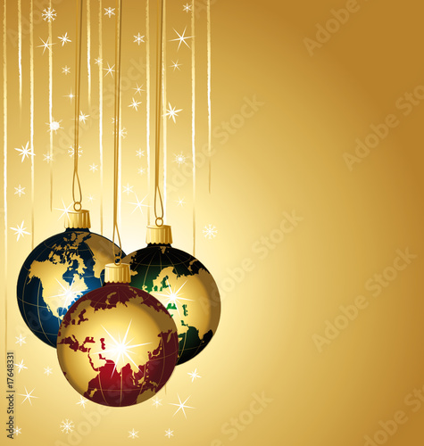Colorful world christmas balls on a golden background