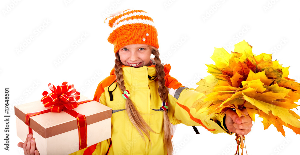Fototapeta premium Girl in autumn orange hat with leaf group, gift box. Isolated.