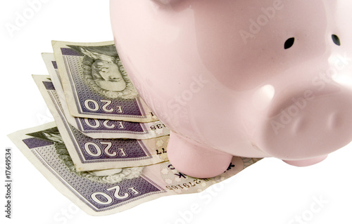piggy bank and twenty pound notes isolated on white