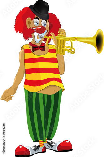 red clown plays a trumpet