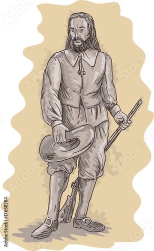 Pilgrim standing holding a musket rifle