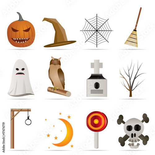 halloween icon pack  with bat, pumpkin, witch, ghost, hat