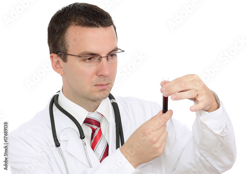 Friendly doctor resarch a medical test glass with blood photo