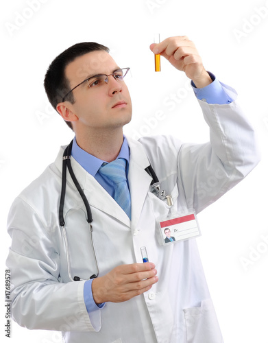 Young doctor -intern resarch a medical test glass . Isolated. photo