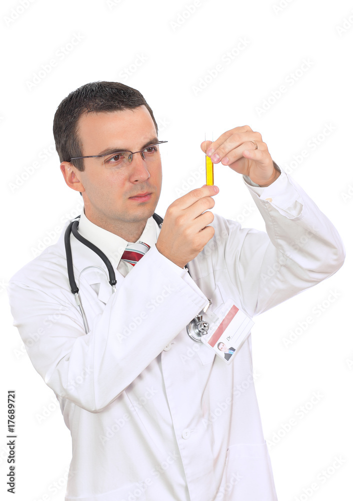 Young doctor -intern resarch a medical test glass . Isolated. Young doctor -intern resarch a medical test glass . Isolated.