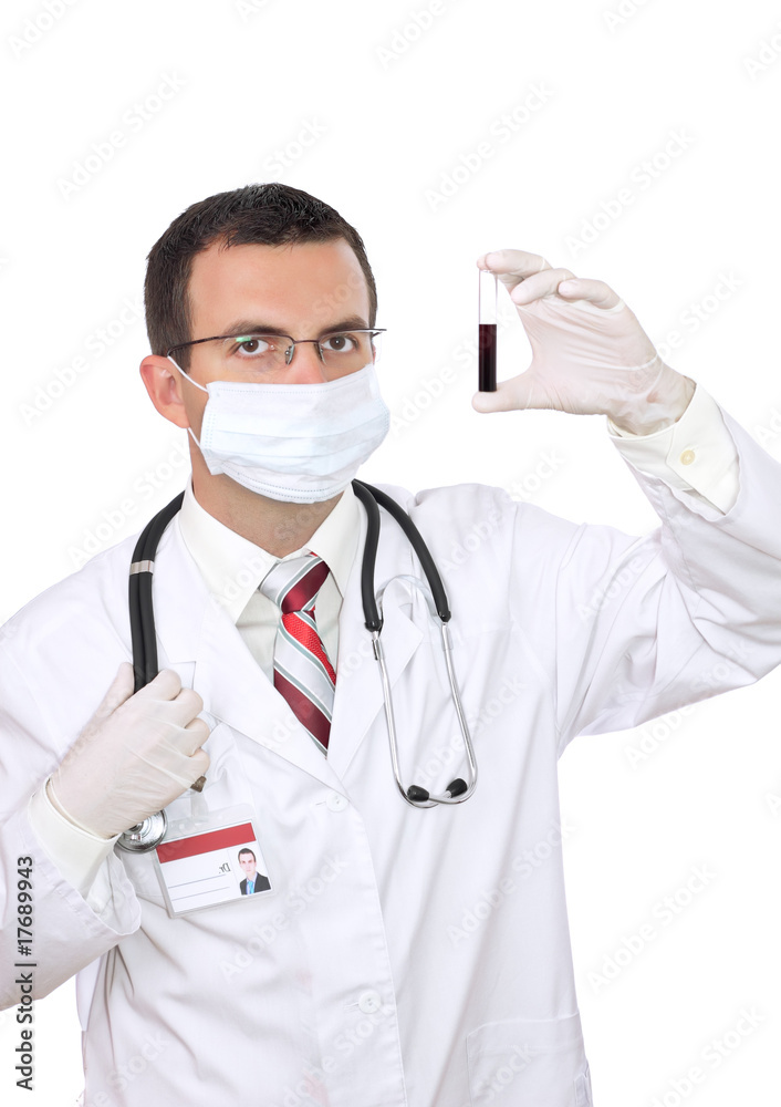 Friendly doctor -hold in hand a medical test glass with blood . Friendly doctor -hold in hand a medical test glass with blood .