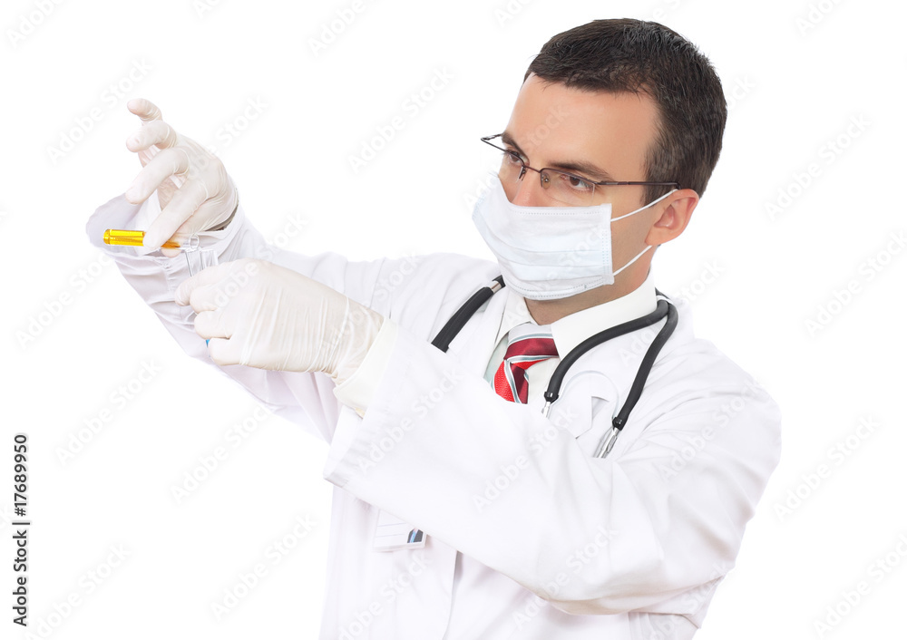 Friendly doctor -intern resarch a medical test glass with urine