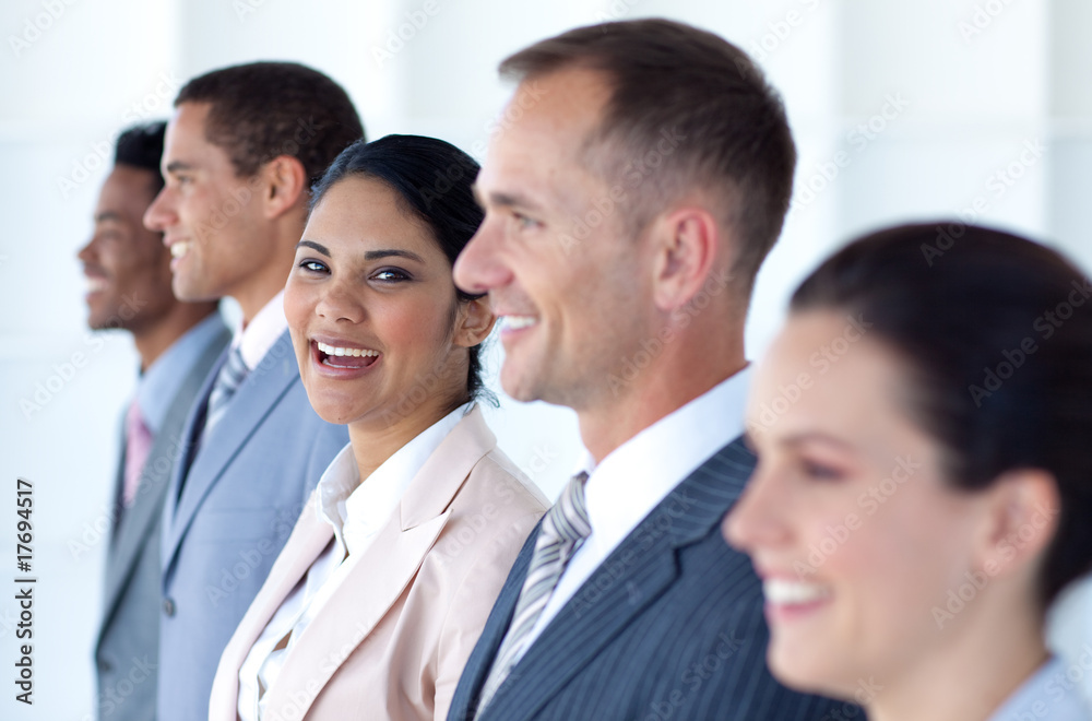 Beautiful businesswoman with her team in a line Beautiful businesswoman with her team in a line