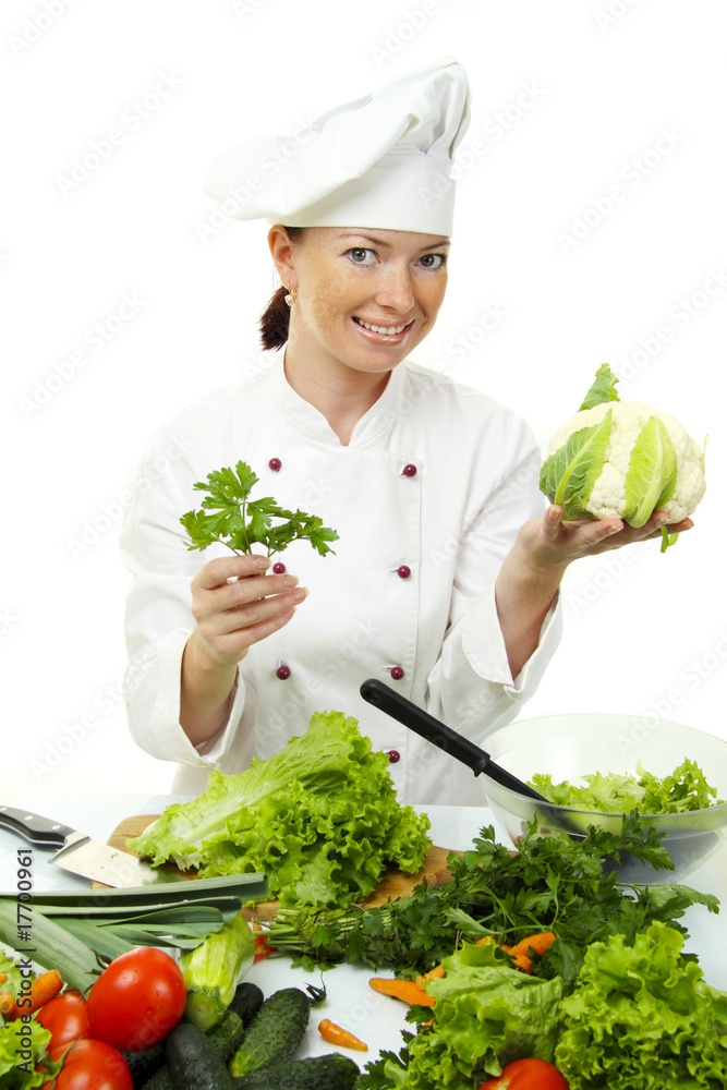 Attractive cook woman a over white background Attractive cook woman a over white background