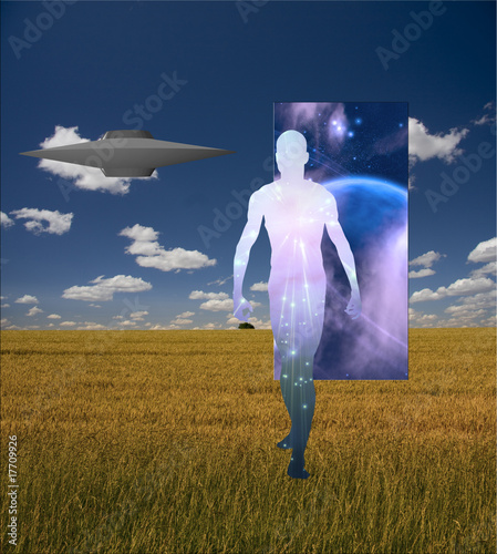 Man Emerges from doorway in landscape accompained by alien craft photo