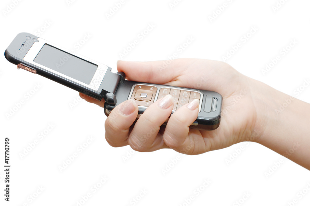 Mobile phone in hand isolated on white Mobile phone in hand isolated on white