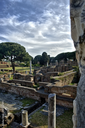 Roman ruins and column at Ostia Antica Rome