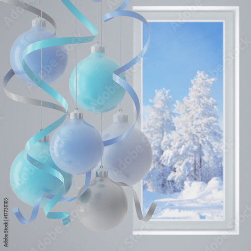 blue christmas balls on a w...