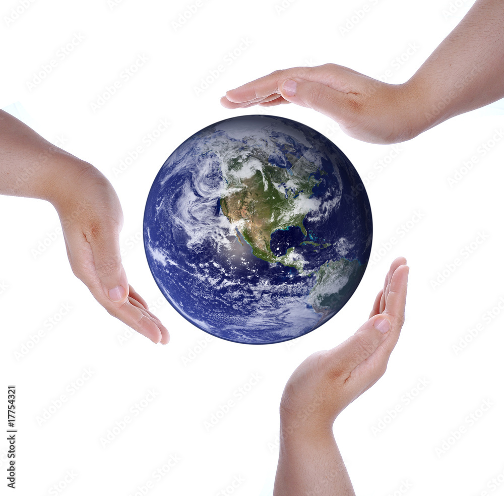 Isolated white hands and Earth in the middle Isolated white hands and Earth in the middle