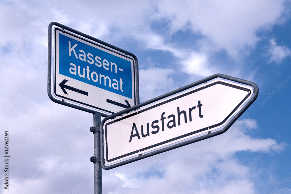 Fototapeta premium Direction signs for pay machine and exit