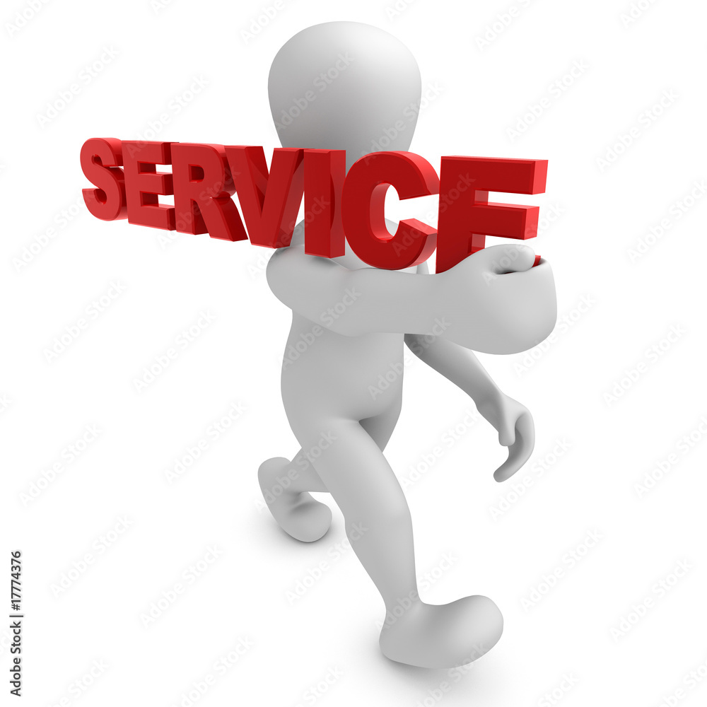 Pequeño Hombre 3d Llevando texto SERVICE en su hombro Pequeño Hombre 3d Llevando texto SERVICE en su hombro