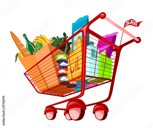 Illustration of groceries in a shopping cart