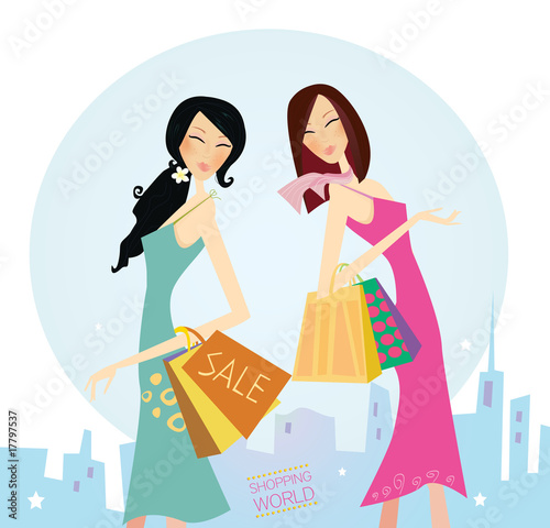 Shopping womans in the city isolated on white. VECTOR.
