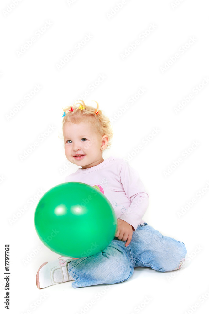 cute toddler girl with green balloon over white cute toddler girl with green balloon over white