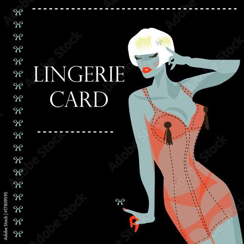 lingerie card with beautiful sexy woman and ribbon. Background,