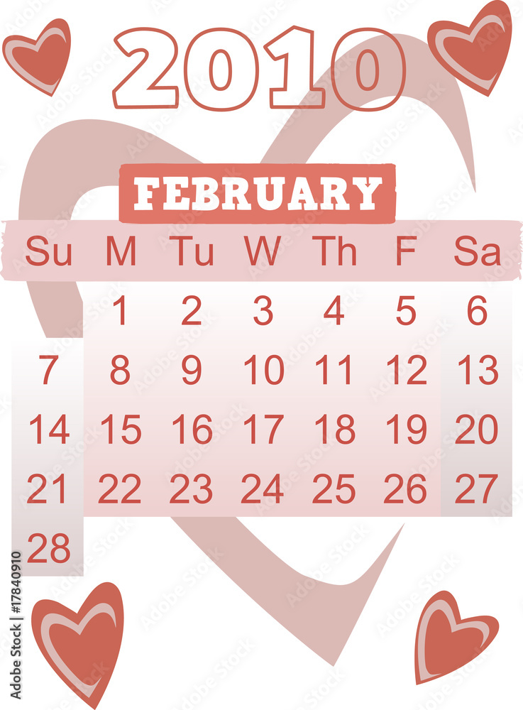 2010 February Calendar Hearts Vector Illustration Stock Vector | Adobe Stock