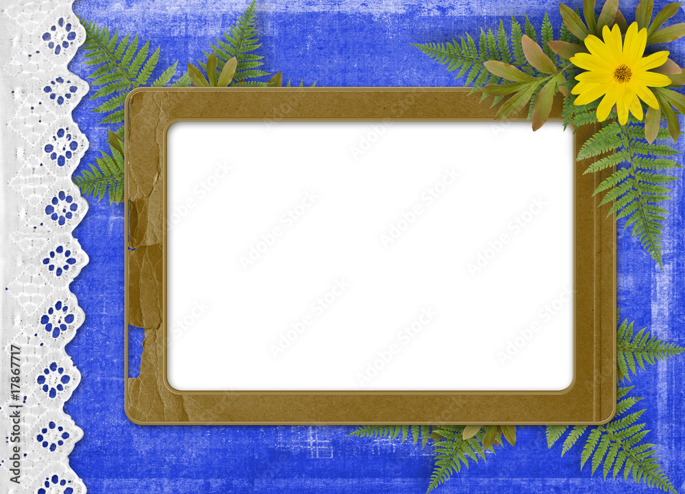 Paper frame with floral beautiful bouquet on the blue background