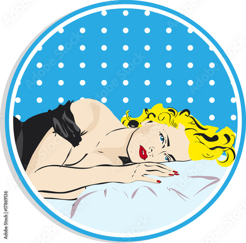 Beautiful blond woman face with red lips and nails on the black