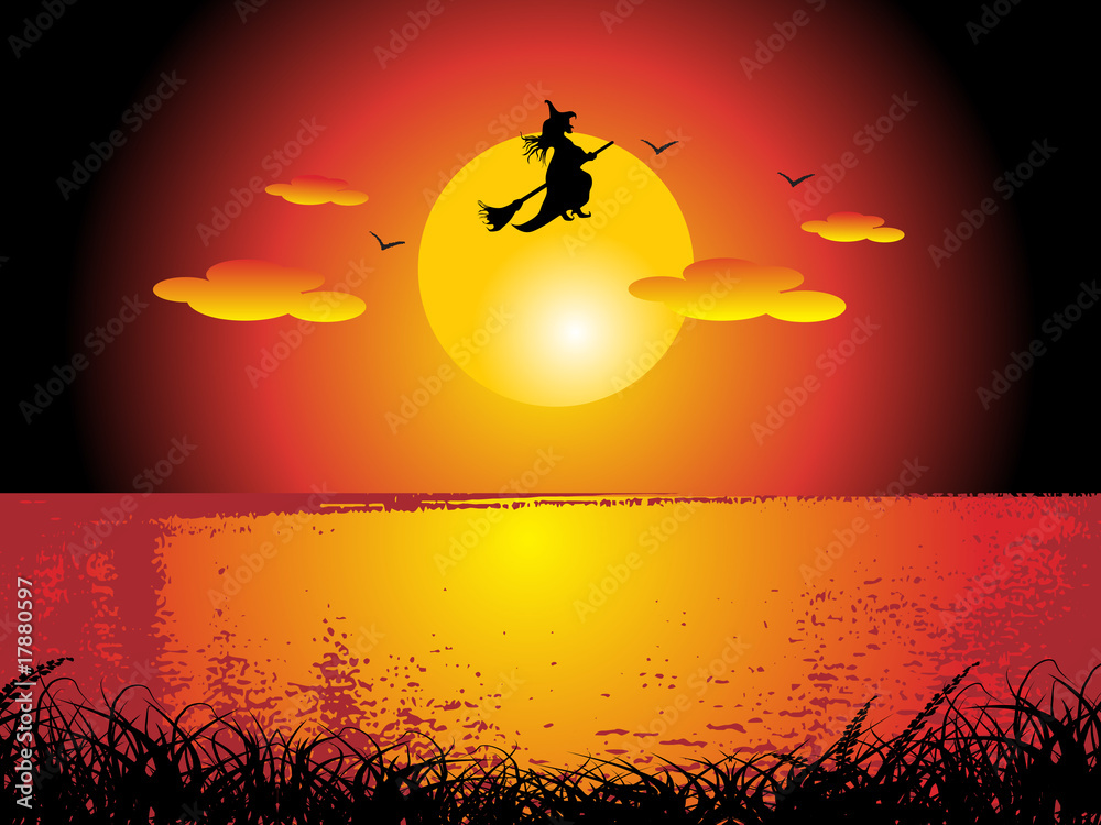witch flying on sunset background