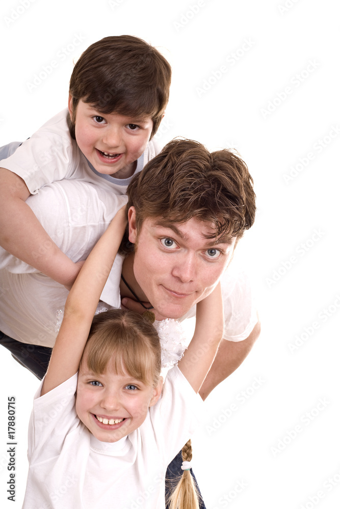 Happy family father and two children. Isolated. Happy family father and two children. Isolated.