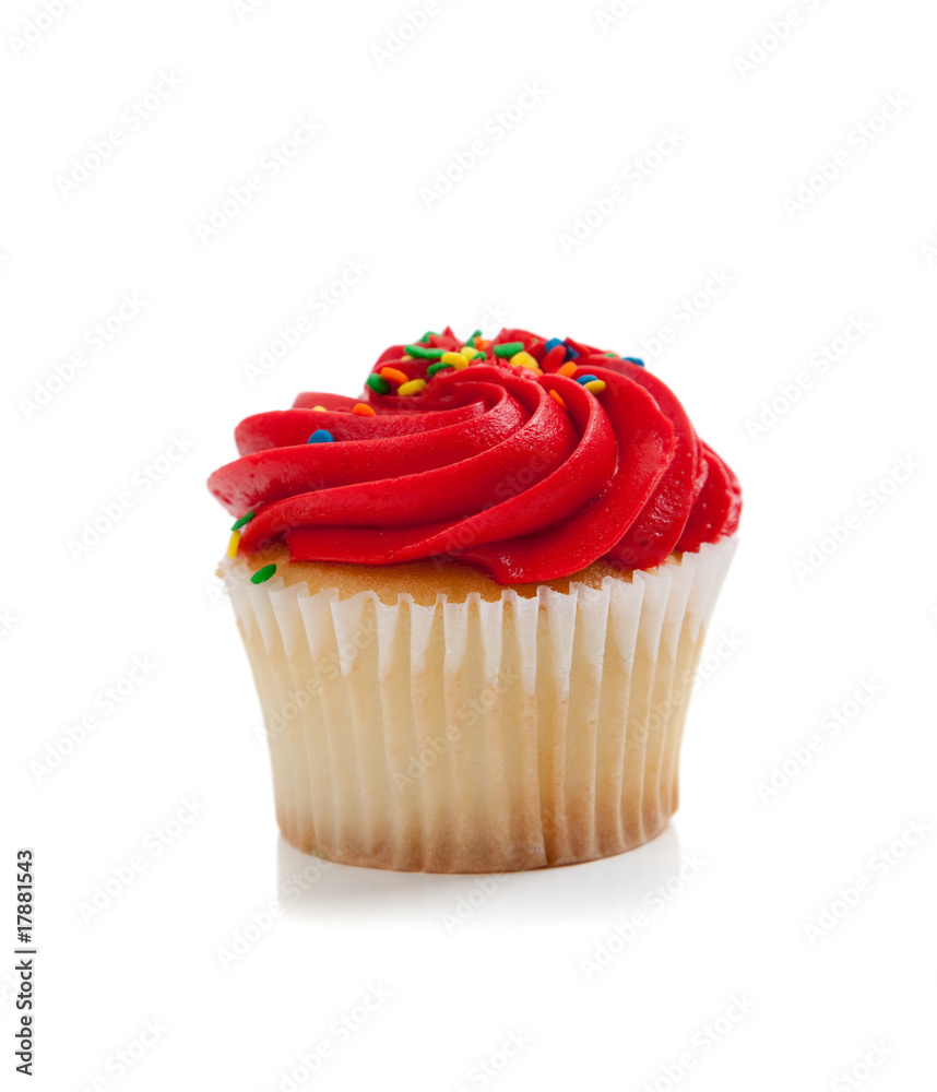 Red Cupcake with sprinkles on white Red Cupcake with sprinkles on white
