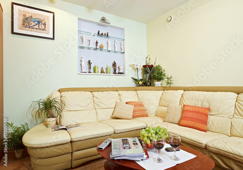 Part of Drawing-room Interior with beige corner leather Sofa