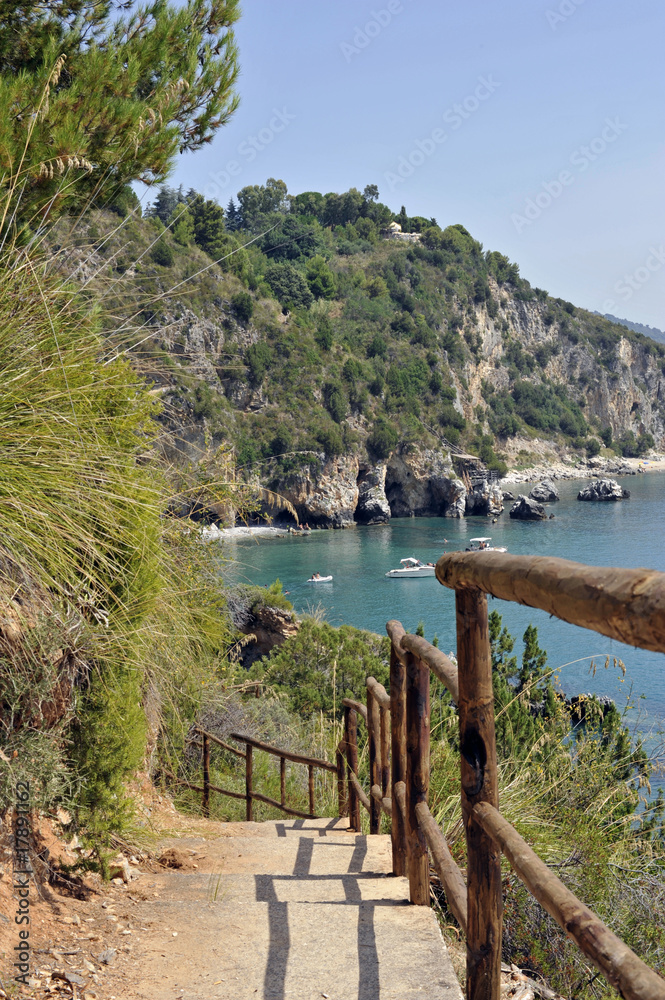 Naklejka premium Charming bay and sunny path to the beach, Marina Camerota,Italy