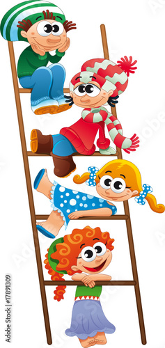 Staircase with children. Funny vector and cartoon scene.