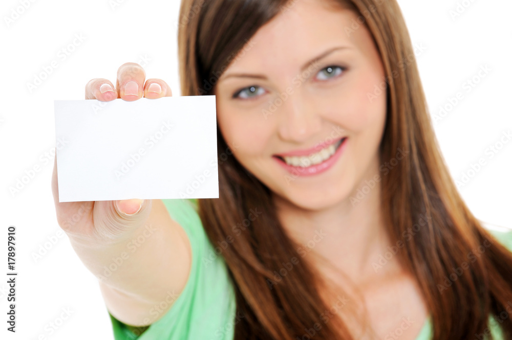 happy woman showing blank bussiness card in hand happy woman showing blank bussiness card in hand