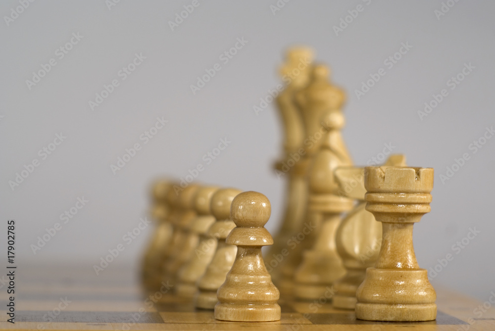 Aufstellung weisser Schachfiguren Stock-Foto | Adobe Stock