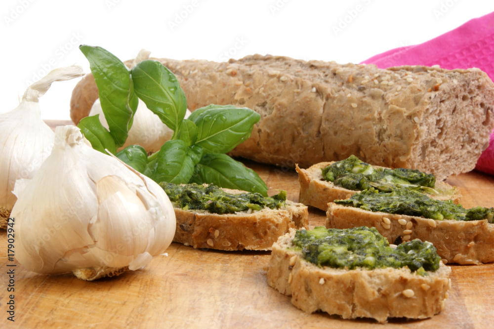 baguette as a snack with homemade fresh pesto