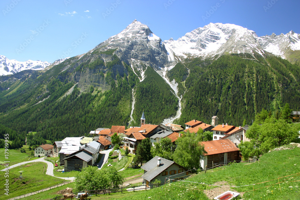 Mountain village with snowy peaks in the background