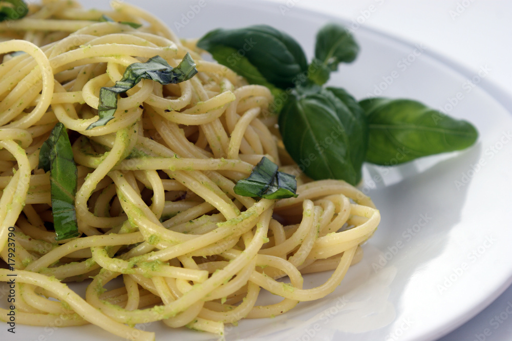 spaghetti with organic home made pesto on a plate spaghetti with organic home made pesto on a plate