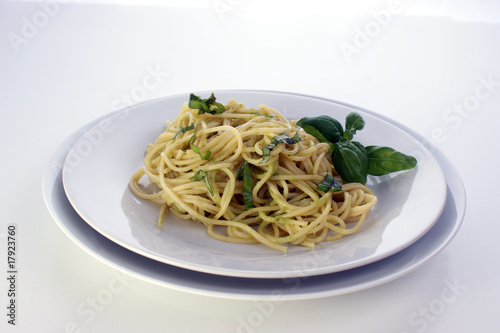 spaghetti with organic home made pesto on a plate