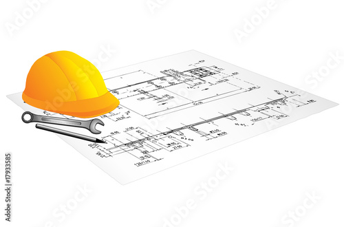 Draft of building and worker tool on a table