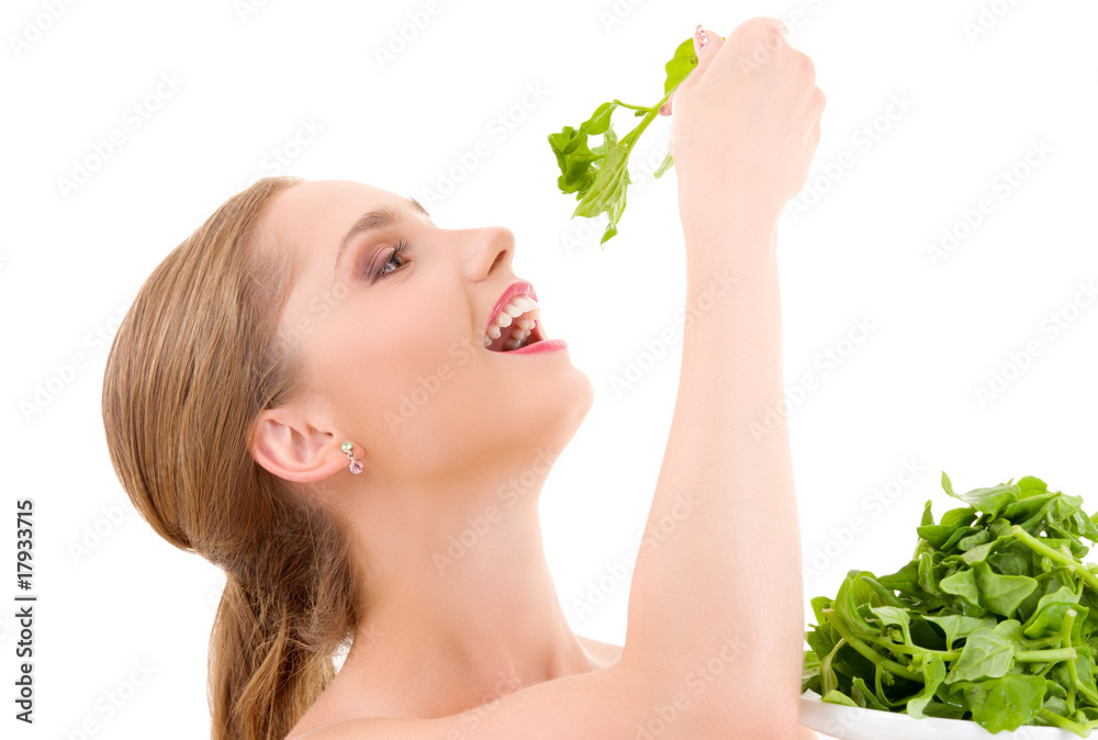happy woman with spinach happy woman with spinach