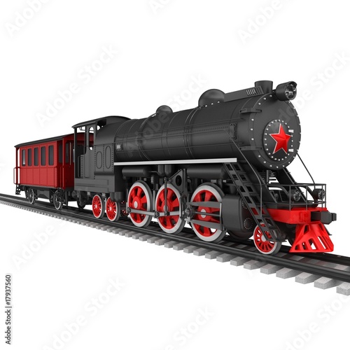 Steam locomotive with red car isolated on white