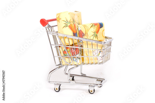 shopping car filled with presents for dutch holiday called sinte