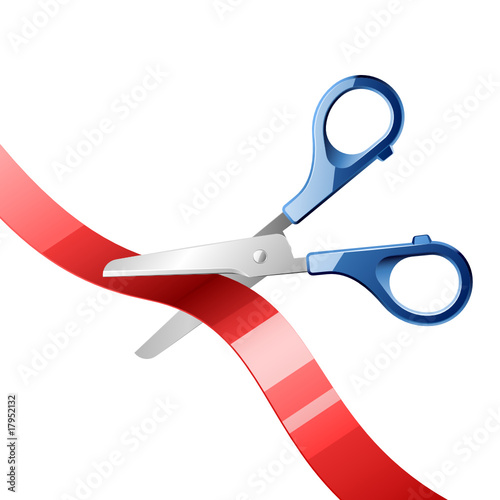 Scissors cutting red ribbon. Vector.