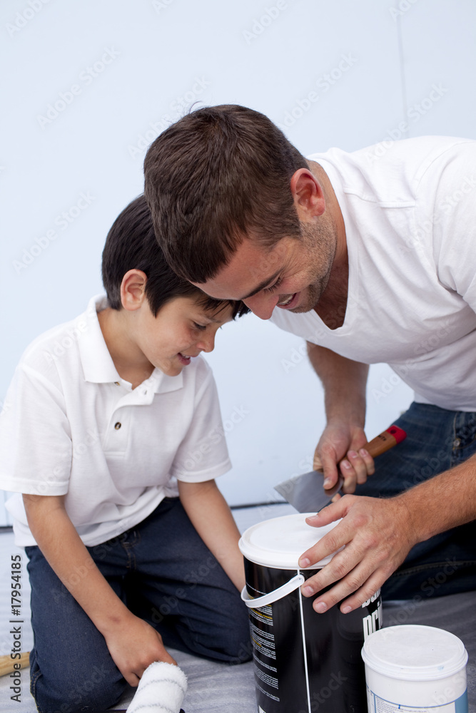 Fototapeta premium Father and son preparing paint