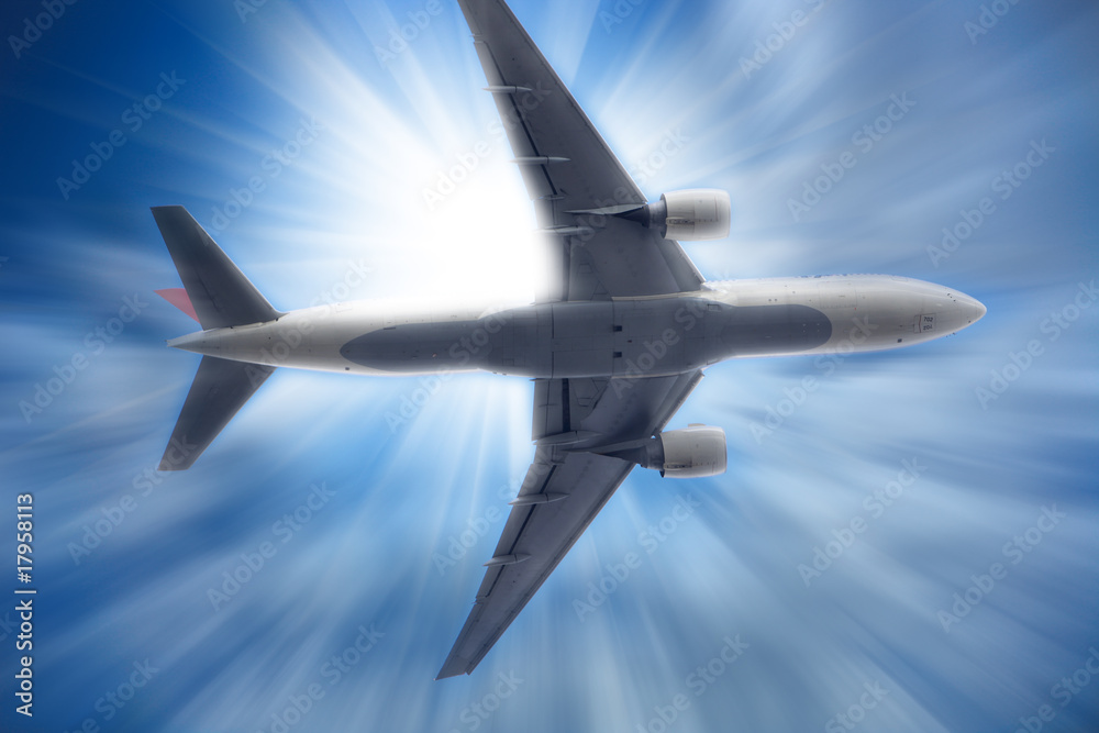 the airplane with the blue sky background. the airplane with the blue sky background.